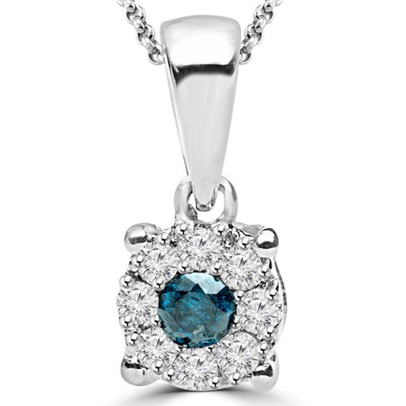 Round Cut Blue Diamond Multi-Stone Shared-Prong Halo Pendant Necklace with Round Cut White Diamond Accents with Chain in White Gold - #CDPEOT5463