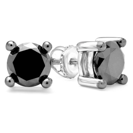 Round Cut Black Diamond Solitaire 4-Prong Stud Earrings with Screwbacks in White Gold - #CDEAHT1336