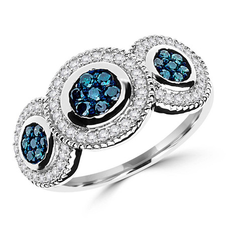 Round Cut Blue Diamond Multi-Stone Cluster Triple-Halo Shared-Prong Cocktail Ring with Round Cut White Diamond Accents in White Gold - #CDFROH2484