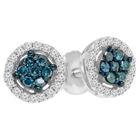 Round Cut Blue Diamond Multi-Stone Halo Cluster Shared-Prong Stud Earrings with Round Cut White Diamond Accents in White Gold - #CDEAOQ4182