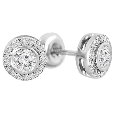 Round Cut Diamond Multi-Stone Bezel-Set Halo Stud Earrings with Round Diamond Accents & Screwbacks in White Gold - #HE4900-W