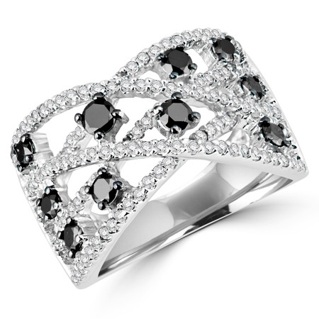 Round Cut Black & White Diamond Multi-Stone Prong-Set Fashion Cocktail Ring in White Gold - #CDFROC0447