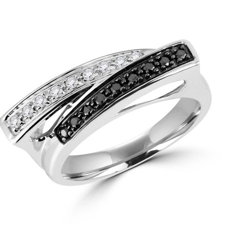 Round Cut Black & White Diamond Multi-Stone Criss Cross Prong-Set Cocktail Ring in White Gold - #ESFF22
