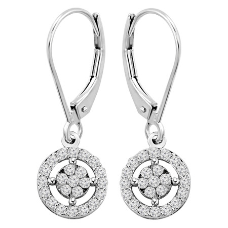 Round Cut Diamond Multi-Stone Halo Dangle Drop Shared-Prong Earrings in White Gold - #EATH3827