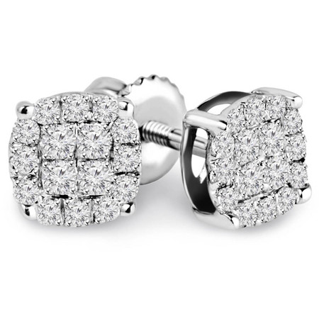 Round Cut Diamond Multi-Stone Cluster Pave Stud Earrings with Screwbacks in White Gold - #EAOQ6816