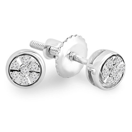 Round Cut Diamond Multi-Stone Cluster Shared-Prong Stud Earrings with Screwbacks in White Gold - #EAOX3180