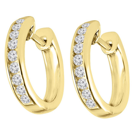 Round Cut Diamond Multi-Stone Huggie Hoop Channel-Set Earrings in Yellow Gold - #HDE2622-Y