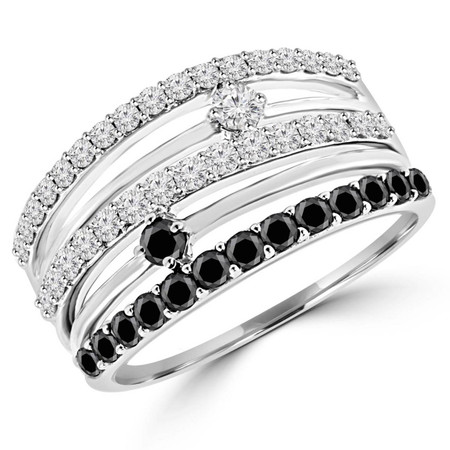 Round Cut Black & White Diamond Multi-Stone 5-Row Fashion Cocktail Prong-Set Ring in White Gold - #HDR4221-W-BLK
