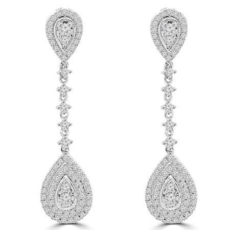 Round Cut Diamond Dangle Drop Vintage Multi-Stone Shared-Prong Earrings in White Gold - #EAOC8194