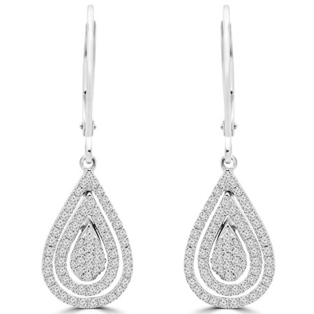 Round Cut Diamond Dangle Drop Vintage Multi-Stone Shared-Prong Earrings with Leverbacks in White Gold - #EAOH0527G