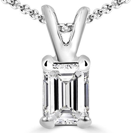 Emerald Cut Diamond Solitaire 4-Prong Pendant Necklace with Chain in White Gold - #PE5-W-EM