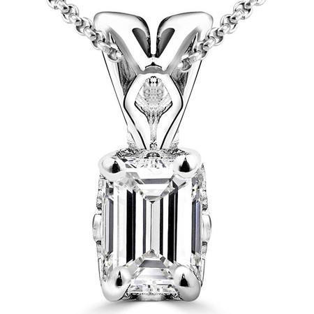 Emerald Cut Diamond Solitaire 4-Prong Decorative-Bail Pendant Necklace with Chain in White Gold - #PEF-W-EM