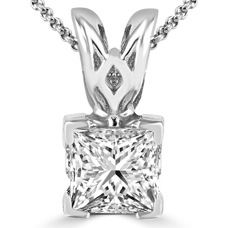 Princess Cut Diamond Solitaire V-Prong Decorative-Bail Pendant Necklace with Chain in White Gold - #PSF-W
