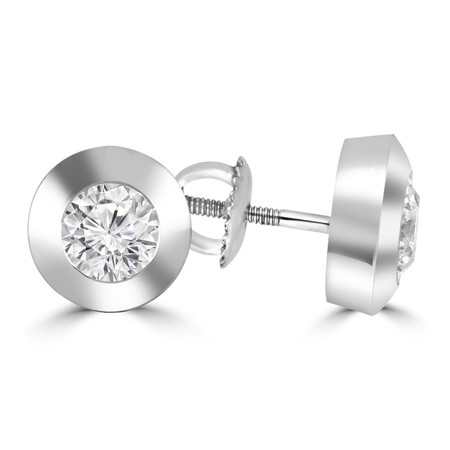 Round Cut Diamond Solitaire Bezel-Set Stud Earrings with Screwbacks in White Gold - #R457-W