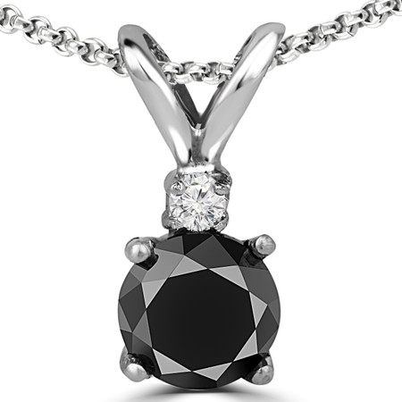 Round Cut Black Diamond Two-Stone 4-Prong Pendant Necklace with a Round White Diamond Accent & Chain in White Gold - #R711-BLK-W