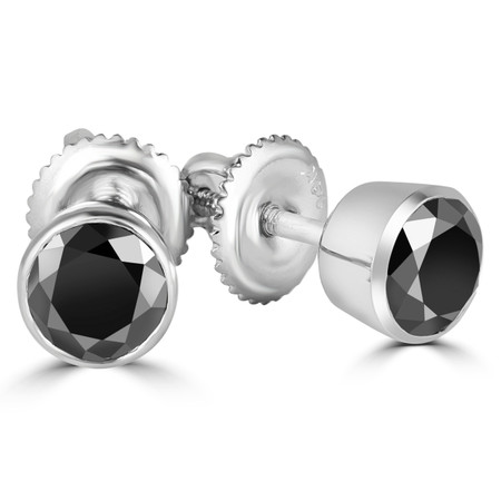 Round Cut Black Diamond Solitaire Bezel-Set Stud Earrings with Screwbacks in White Gold - #R447H-W-BLK