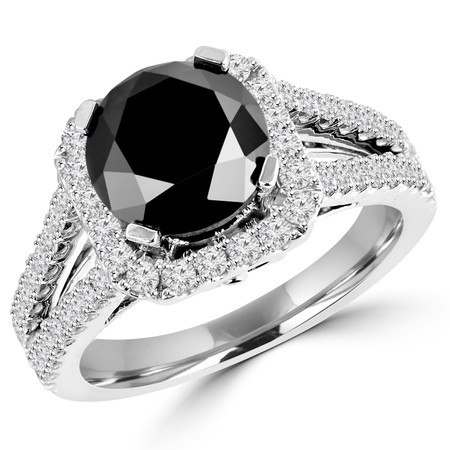 Round Cut Black Diamond Multi-Stone Split-Shank 4-Prong Halo Vintage Engagement Ring with Round Diamond Accents in White Gold - #HR6200-W-BLK