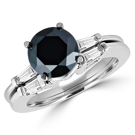 Round Cut Black Diamond Multi-Stone 4-Prong Engagement Ring & Wedding Band Bridal Set with Baguette Cut White Diamond Accents in White Gold - #HR8091-W-BLK