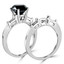 Round Cut Black Diamond Multi-Stone 4-Prong Engagement Ring & Wedding Band Bridal Set with Baguette Cut White Diamond Accents in White Gold - #HR8091-W-BLK