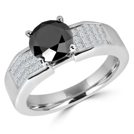Round Cut Black Diamond Multi-Stone 4-Prong Engagement Ring with Princess Cut White Diamond Invisible-Set Accents in White Gold - #HR10098-W-BLK