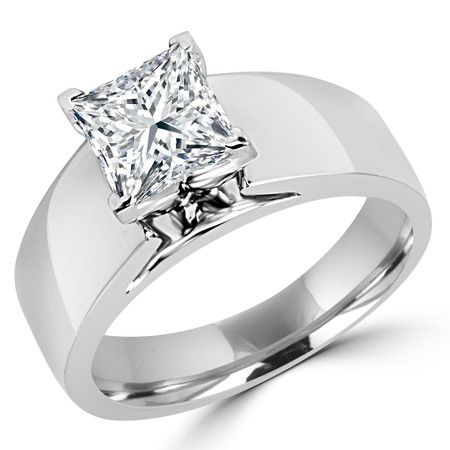 Princess Cut Diamond Solitaire Wide Shank Cathedral Set 4-Prong Engagement Ring in White Gold - #954LP-W