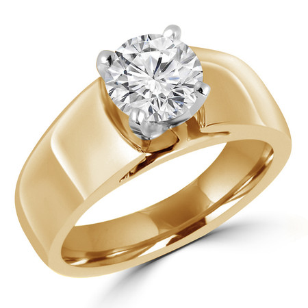 Round Cut Diamond Solitaire Wide Shank Cathedral Set 4-Prong Engagement Ring in Yellow Gold - #954-Y