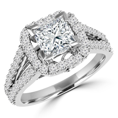 Princess Cut Diamond Multi-Stone Split-Shank V-Prong Halo Vintage Engagement Ring with Round Diamond Accents in White Gold - #HR6200-PR-W