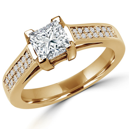 Princess Cut Diamond Multi-Stone 4-Prong Cathedral & Trellis-Set Engagement Ring with Round Diamond Pave Accents in Yellow Gold - #2133LP-Y