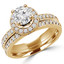 Round Cut Diamond Multi-Stone 4-Prong Engagement Halo Ring and Wedding Band Bridal Set with Round Diamond Accents in Yellow Gold - #2503WS-Y-SET