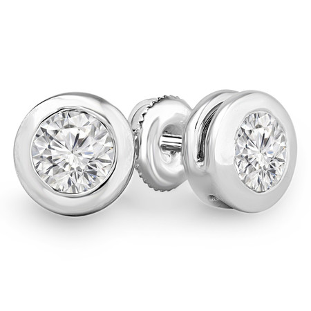 Round Cut Diamond Solitaire Bezel-Set Stud Earrings with Pushbacks in White Gold - #ER1000-W