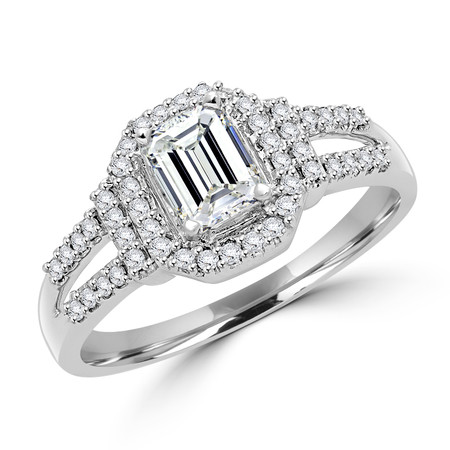 Emerald Cut Diamond Multi-Stone Split-Shank Halo Engagement Ring with Round Diamond Accents in White Gold - #ESFQ111-W-EM