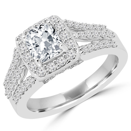 Cushion Cut Diamond Multi-Stone 4-Prong Split-Shank Vintage Halo Engagement Ring with Round Diamond Accents in White Gold - #FRCF5270-W-CU