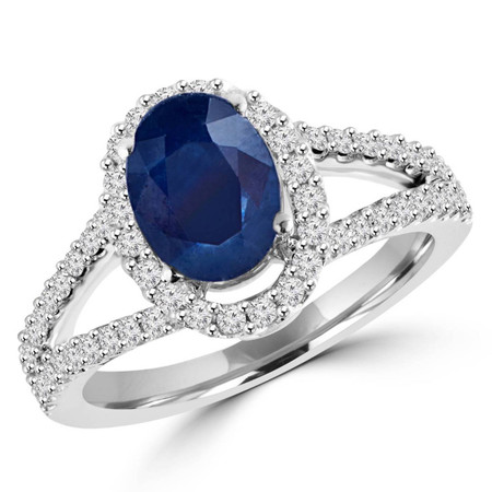 Oval Cut Blue Sapphire Gemstone Multi-Stone Split-Shank 4-Prong Halo Cocktail Ring with Round Diamond Accents in White Gold - #HR6196-W-OV-SAP