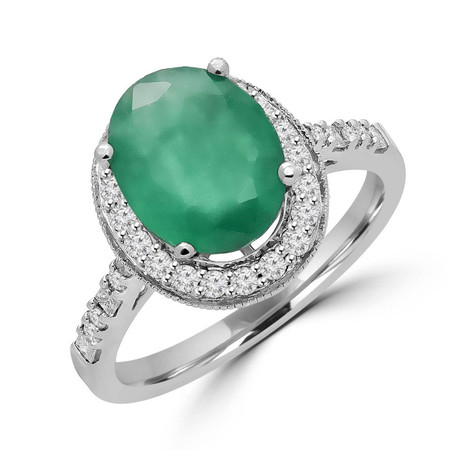 Oval Cut Green Emerald Gemstone Multi-Stone 4-Prong Halo Cocktail Ring with Round Diamond Accents in White Gold - #HR6224-W-EMER