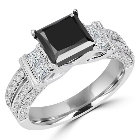 Princess Cut Black Diamond Multi-Stone 4-Prong Engagement Ring with Princess & Round Cut White Diamond Accents in White Gold - #HR6336-W-BLK