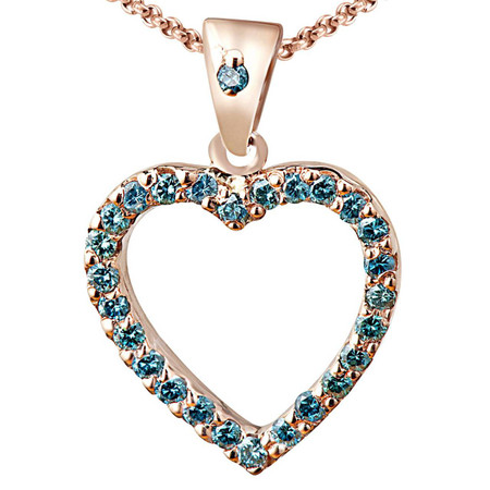 Round Cut Ocean Blue Diamond Multi-Stone Shared-Prong Heart Shape Pendant Necklace with Chain in Rose Gold - #RAF-P-HEART-R-BLUE