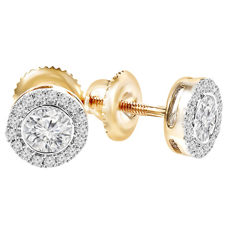 Round Cut Diamond Multi-Stone Bezel-Set Halo Vintage Stud Earrings with Round Diamond Accents in Yellow Gold - #HE4900-Y