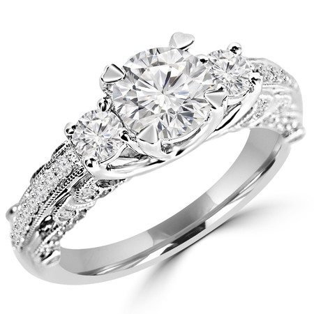 Round Cut Diamond Multi-Stone 4-Prong Vintage Engagement Ring with Round Diamond Accents in White Gold - #HR6422-W