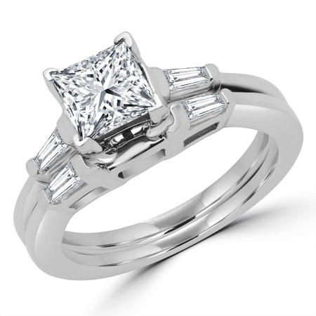 Princess Cut Diamond Multi-Stone V-Prong Engagement Ring & Wedding Band Bridal Set with Baguette Cut Diamond Accents in White Gold - #HR8092A-B-W