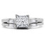 Princess Cut Diamond Multi-Stone V-Prong Engagement Ring & Wedding Band Bridal Set with Baguette Cut Diamond Accents in White Gold - #HR8092A-B-W