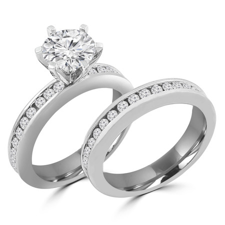 Round Cut Diamond Multi-Stone 6-Prong Engagement Ring & Wedding Band Bridal Set with Round Channel-Set Diamond Accents in White Gold - #HR10050A-B-W