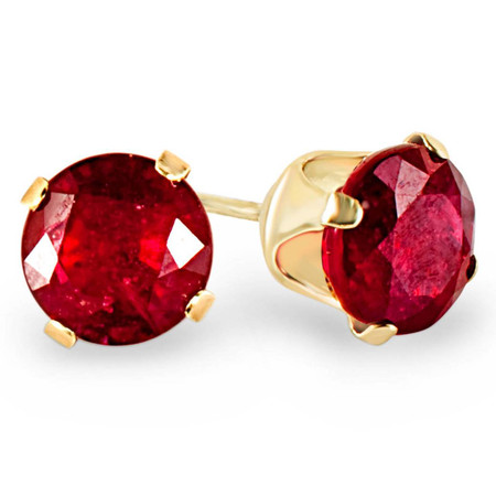 Round Cut Red Ruby Gemstone Solitaire 4-Prong Stud Earrings in Yellow Gold - #E120