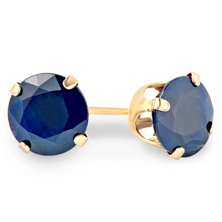 Round Cut Blue Sapphire Gemstone Solitaire 4-Prong Stud Earrings in Yellow Gold - #E200