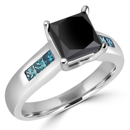 Princess Cut Black Diamond Multi-Stone 4-Prong Engagement Ring with Princess Cut Blue Diamond Accents in White Gold - #SM1416-W-BLK