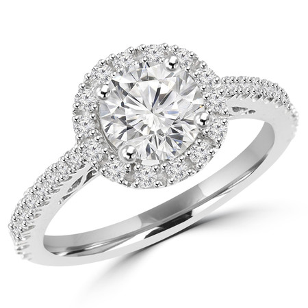 Round Cut Diamond Multi-Stone 4-Prong Vintage Cathedral Style Halo Engagement Ring with Round Diamond Accents in White Gold - #HR6205-W