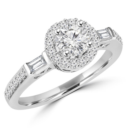 Round Cut Diamond Multi-Stone 4-Prong Vintage Halo Engagement Ring with Baguette & Round Cut Diamond Accents in White Gold - #HR6353-W
