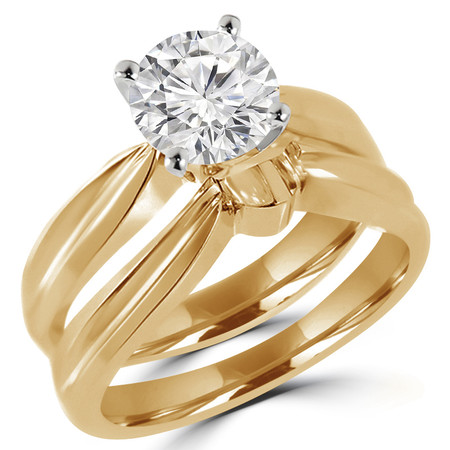 Round Cut Diamond Solitaire Tapered Shank V-Prong Engagement Ring and Wedding Band Bridal Set in Yellow Gold - #714L-A-B-Y-SET
