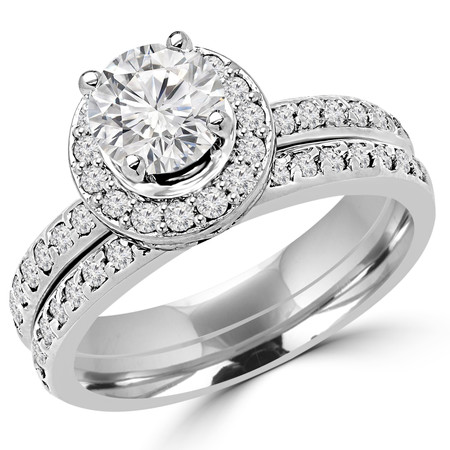Round Cut Diamond Multi-Stone 4-Prong Engagement Halo Ring and Wedding Band Bridal Set with Round Diamond Accents in White Gold - #2503WS-W-SET