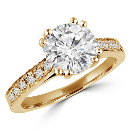 Round Cut Diamond Multi-Stone 4 Double-Prong Cathedral-Set Vintage Engagement Ring with Round Diamond Accents in Yellow Gold - #SM2361-Y