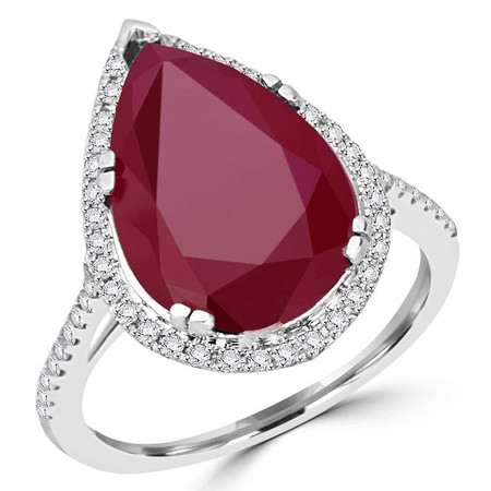 Pear Cut Treated Red Ruby Gemstone Multi-Stone 5-Prong Halo Cocktail Ring with Round White Diamond Accents in White Gold - #CSFR5M0063-W-RUB